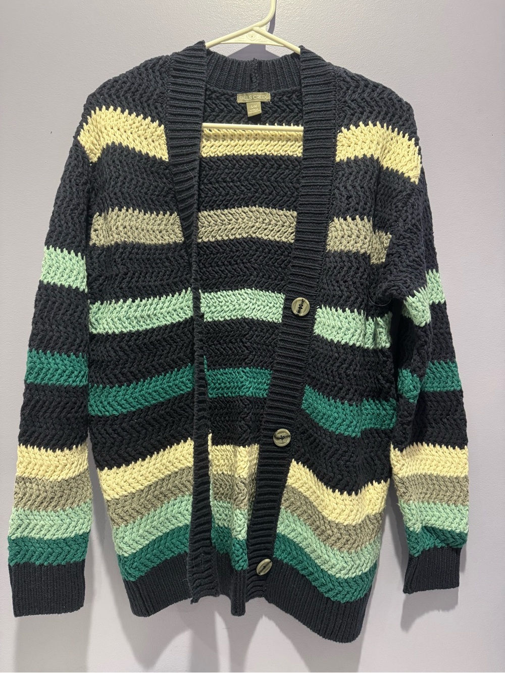 Falls Creek Black Cardigan with Cream, Mint, and Teal Stripes